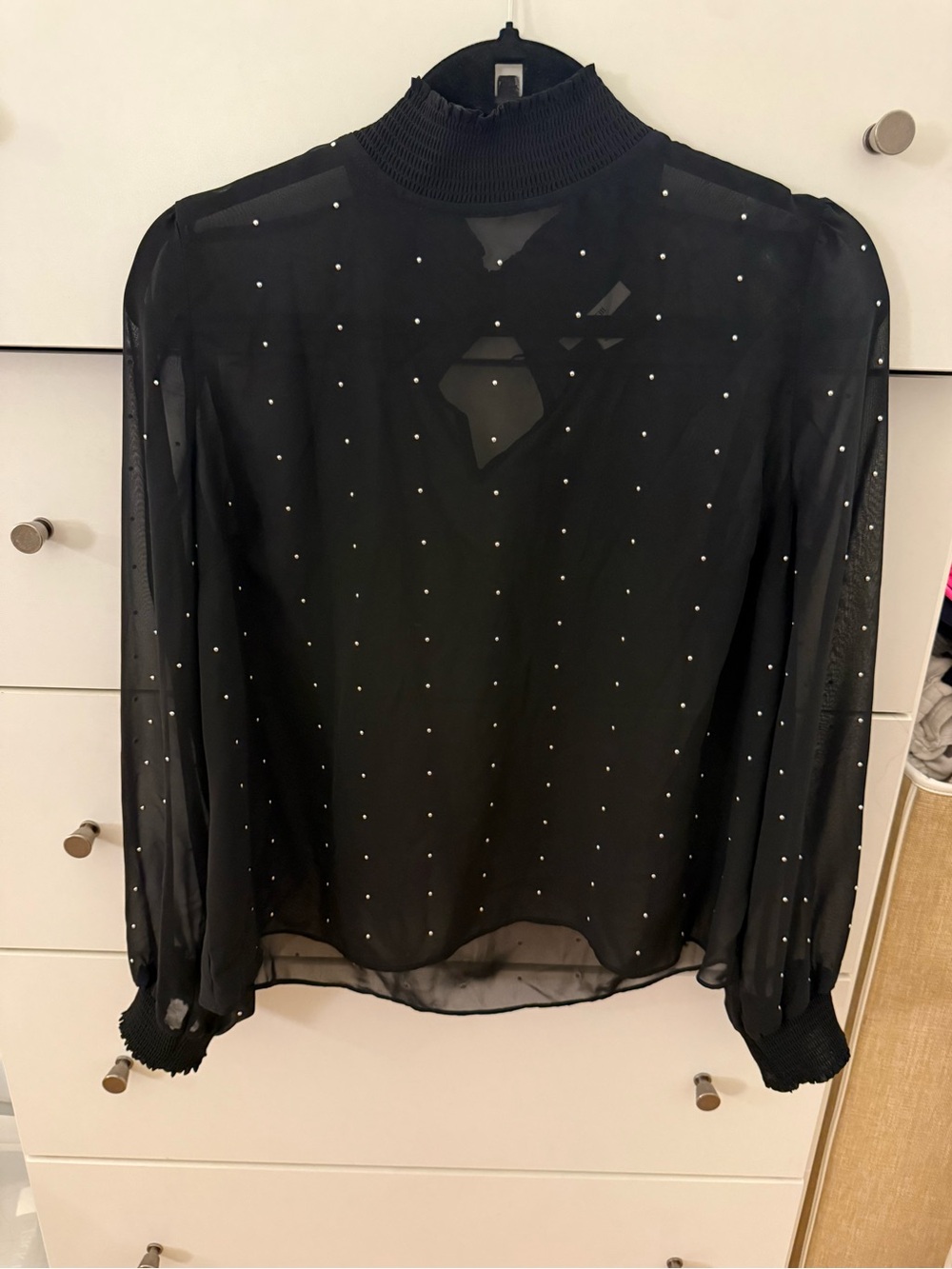 Bar III Black Sheer Mock-Neck Long-Sleeve Top with Rhinestone Dots